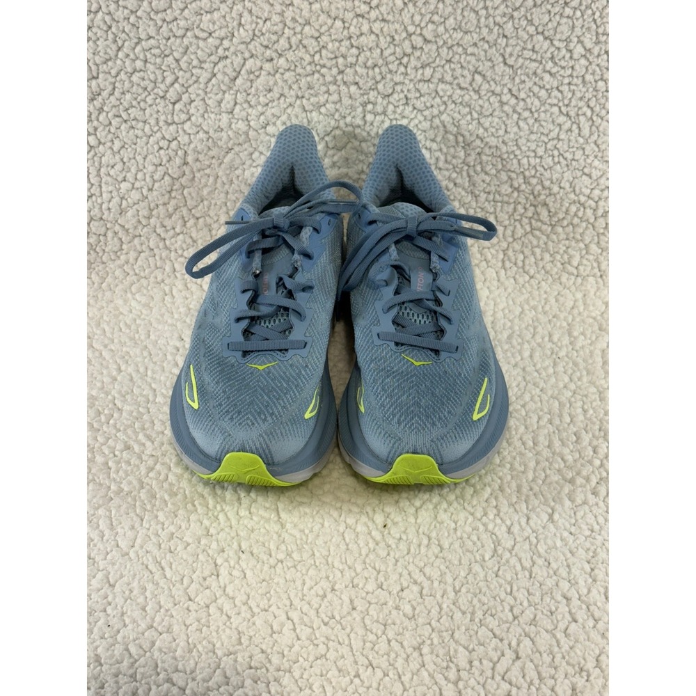 Hoka Clifton 9 Blue Glass Lime Glow Running Shoes 1127896 DNK Womens 8B